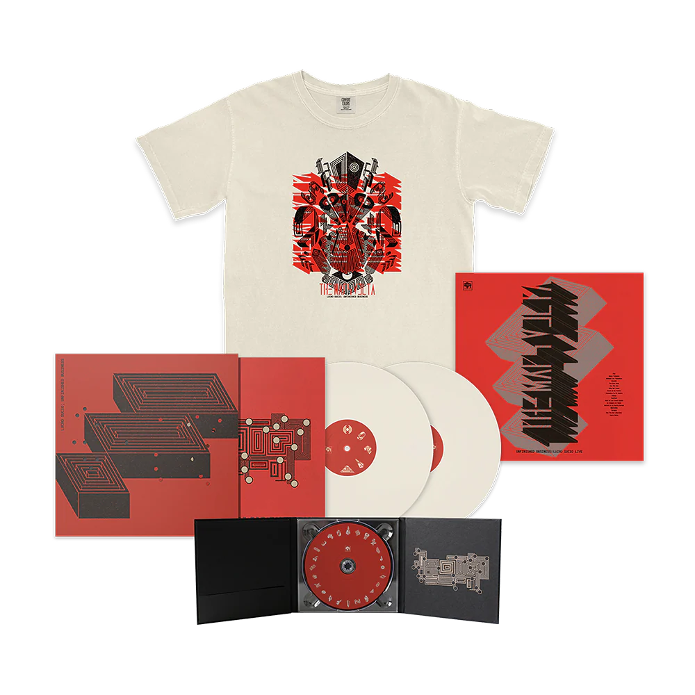 CD, LP duplo, pôster promocional e camiseta da banda The Mars Volta em pré-venda do lançamento Unfinished Business: Lucro Sucio Live.