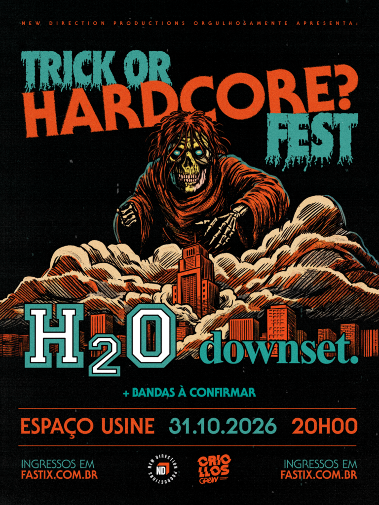 Downset estreia no Brasil em novo festival na capital paulista com H2O Pôster promocional oficial do festival "Trick or Hardcore Fest?" na cor preta e laranja, destacando as logomarcas clássicas do Downset e do H2O com detalhes de Halloween, acompanhado de informações de local, data e venda de ingressos na parte inferior.