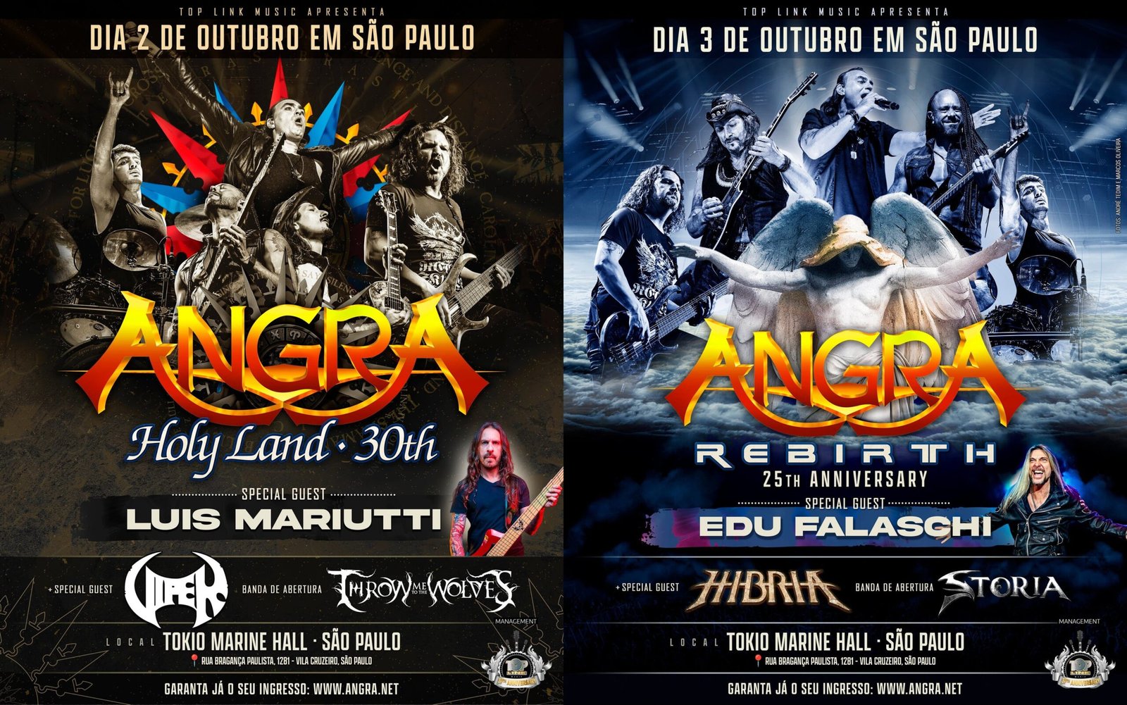 Cartazes dos shows comemorativos do disco Holy Land e Rebirth da banda Angra no Tokio Marine Hall