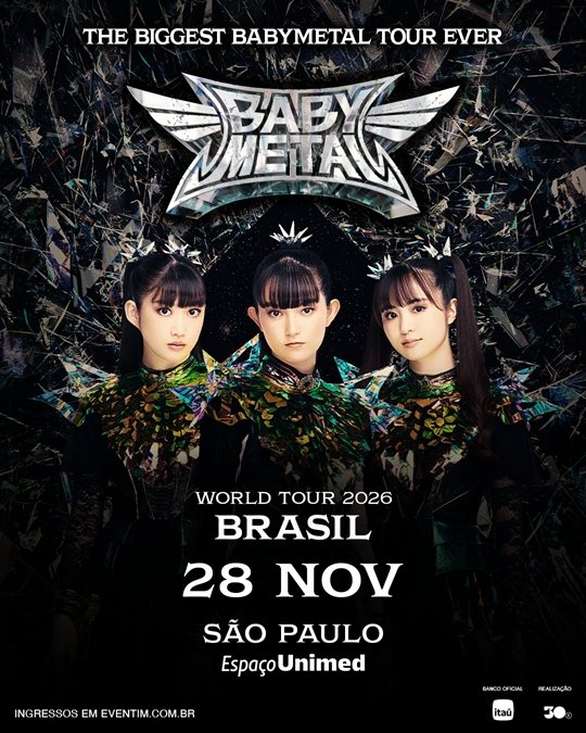 Grafismo promocional da turnê do BABYMETAL em SP, destacando a data de 28 de novembro.