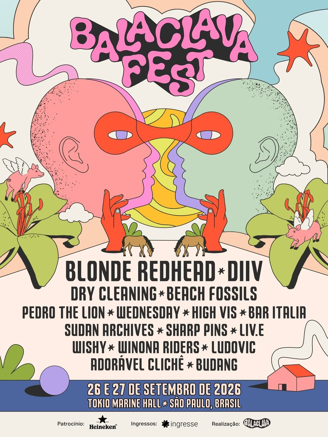 Cartaz do Balaclava Fest 2026, com arte gráfica conceitual e psicodélica criada pela artista @sheuk