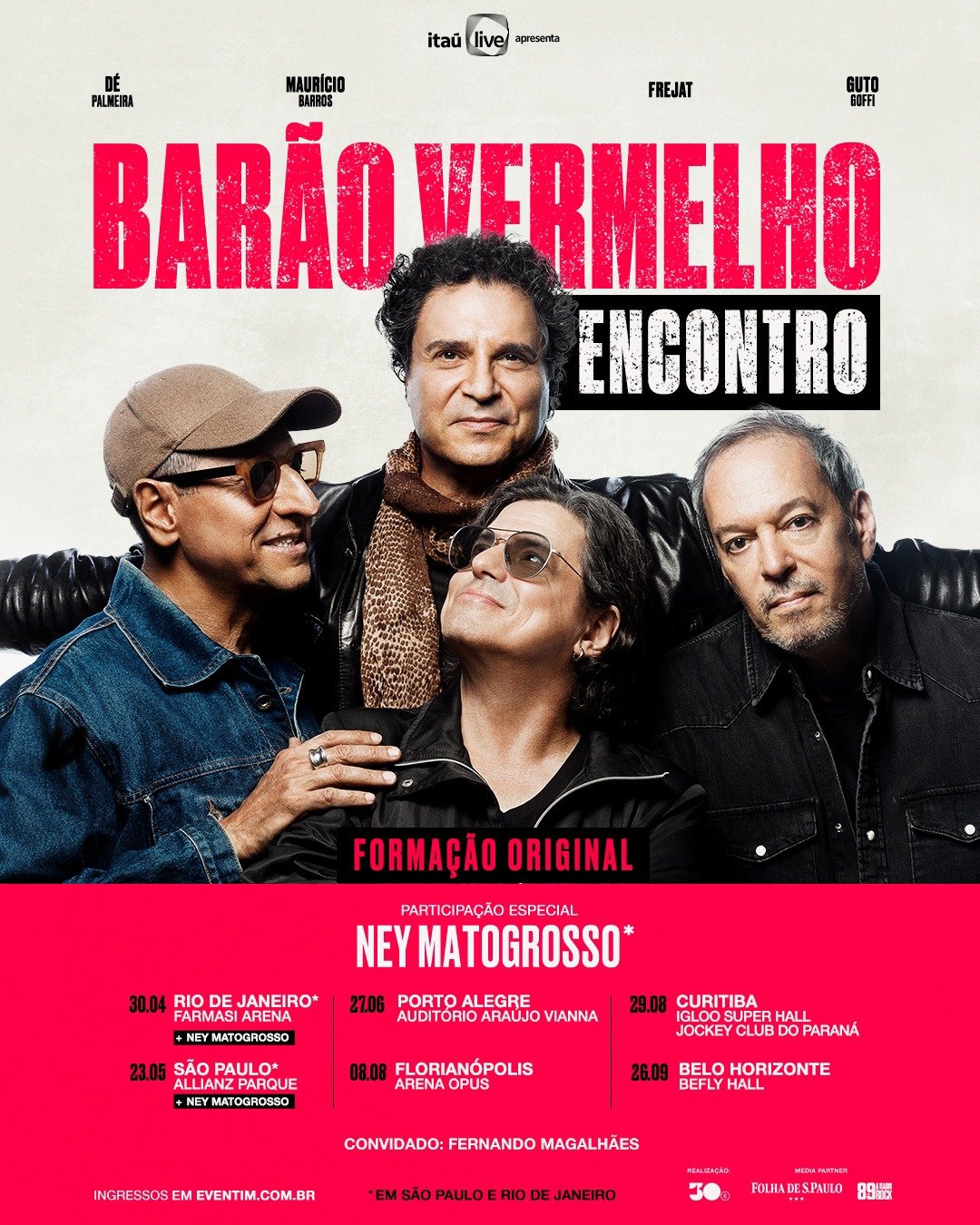 Poster da tour Barão Vermelho Encontro com os integrantes da banda em destaque com as datas abaixo.