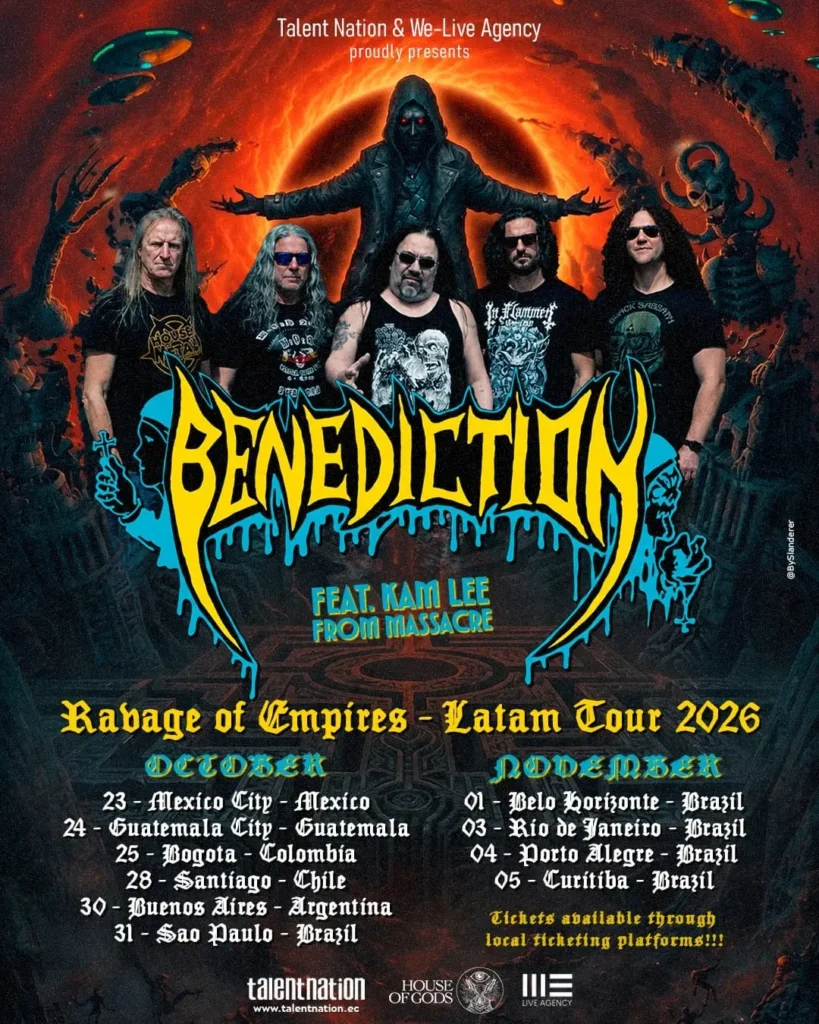 Benediction traz a turnê "Ravage of Empires" ao Brasil com participação histórica de Kam Lee Pôster oficial em tons de cinza e vermelho com estética macabra da turnê "Ravage of Empires LATAM Tour 2026". O topo destaca o logotipo clássico do Benediction e anuncia em destaque a participação inédita do vocalista Kam Lee, seguido pelas cinco datas e locais das apresentações brasileiras.