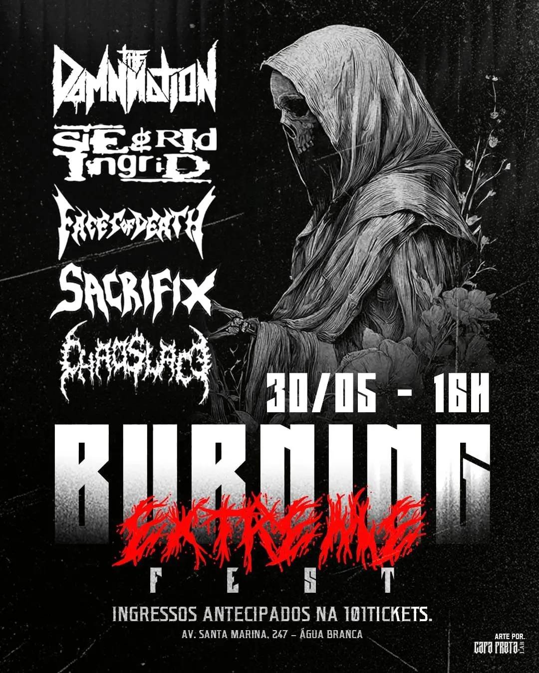 Cartaz oficial do Burning Extreme Fest 2026 em tons de preto, vermelho e cinza industrial