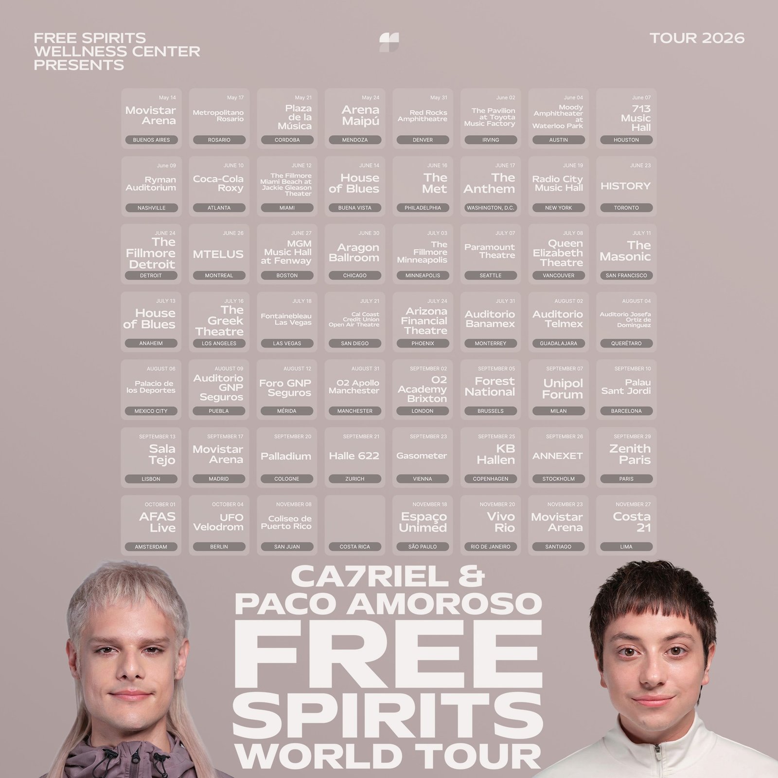 CA7RIEL & Paco Amoroso anunciam shows no Brasil com a turnê "FREE SPIRITS" CA7RIEL & Paco Amoroso anunciam turnê mundial com datas na América do Norte, Europa, Reino Unido e A