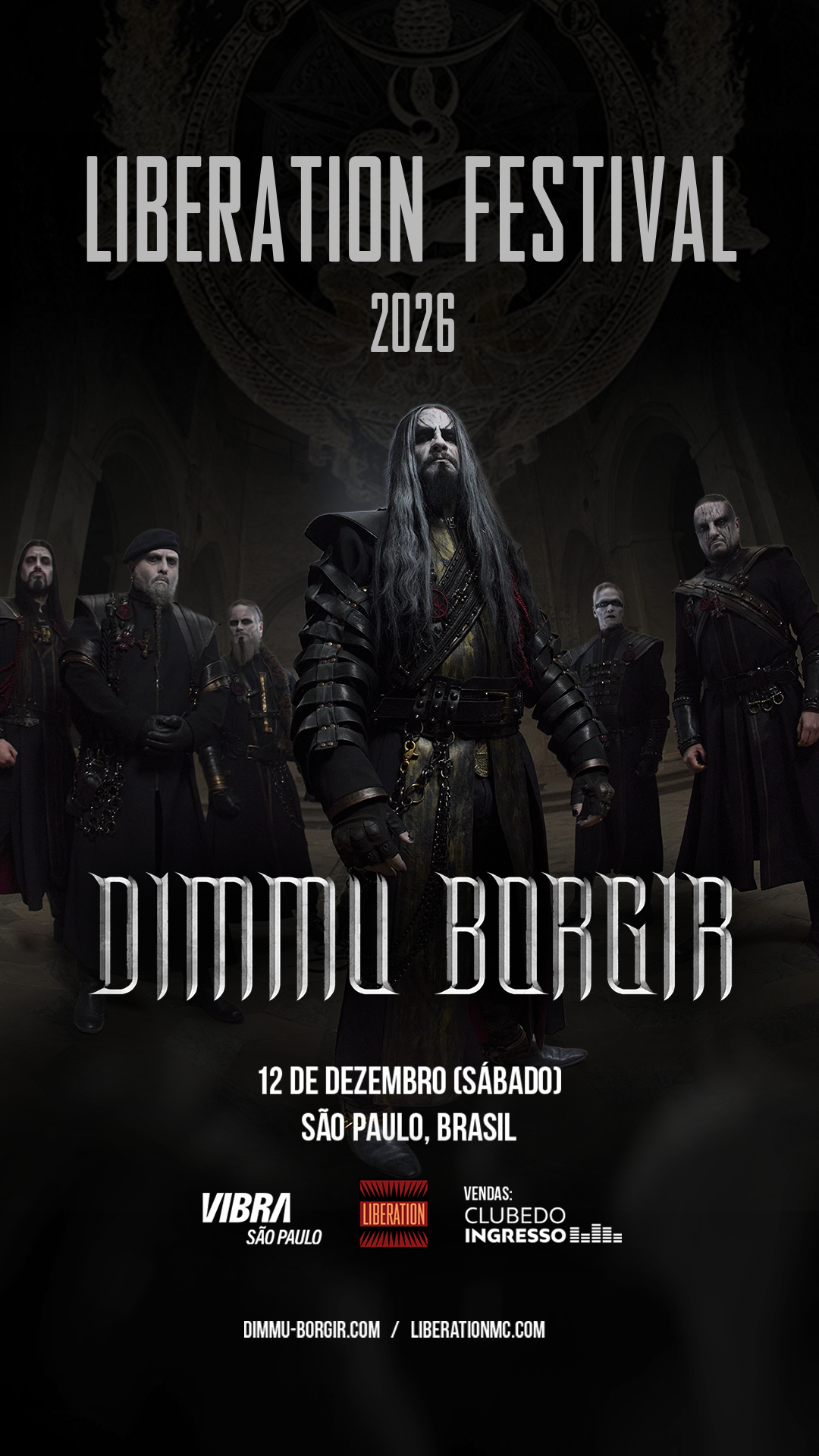 Poster em preto do Liberation Festival 2026 com a data 12 dezembro e o nome da banda Dimmu Borgir.