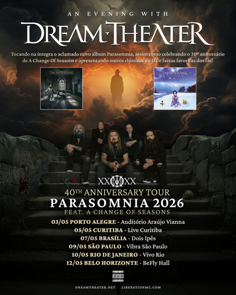 Dream Theater anuncia turnê pelo Brasil em 2026 com Mike Portnoy e show de 3 horas dreamtheater cartaz br26