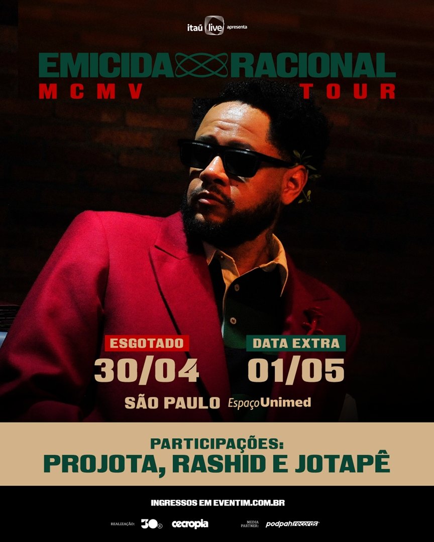 Conexão de gerações: Emicida anuncia participação de Jotapê nos shows de São Paulo Card promocional da turnê