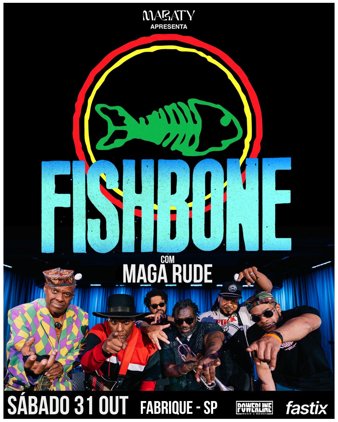 Fishbone, nome histórico da fusão entre punk, ska e funk, volta a São Paulo em outubro Foto promocional oficial da atual formação da banda Fishbone. No topo, o logotipo colorido da banda.