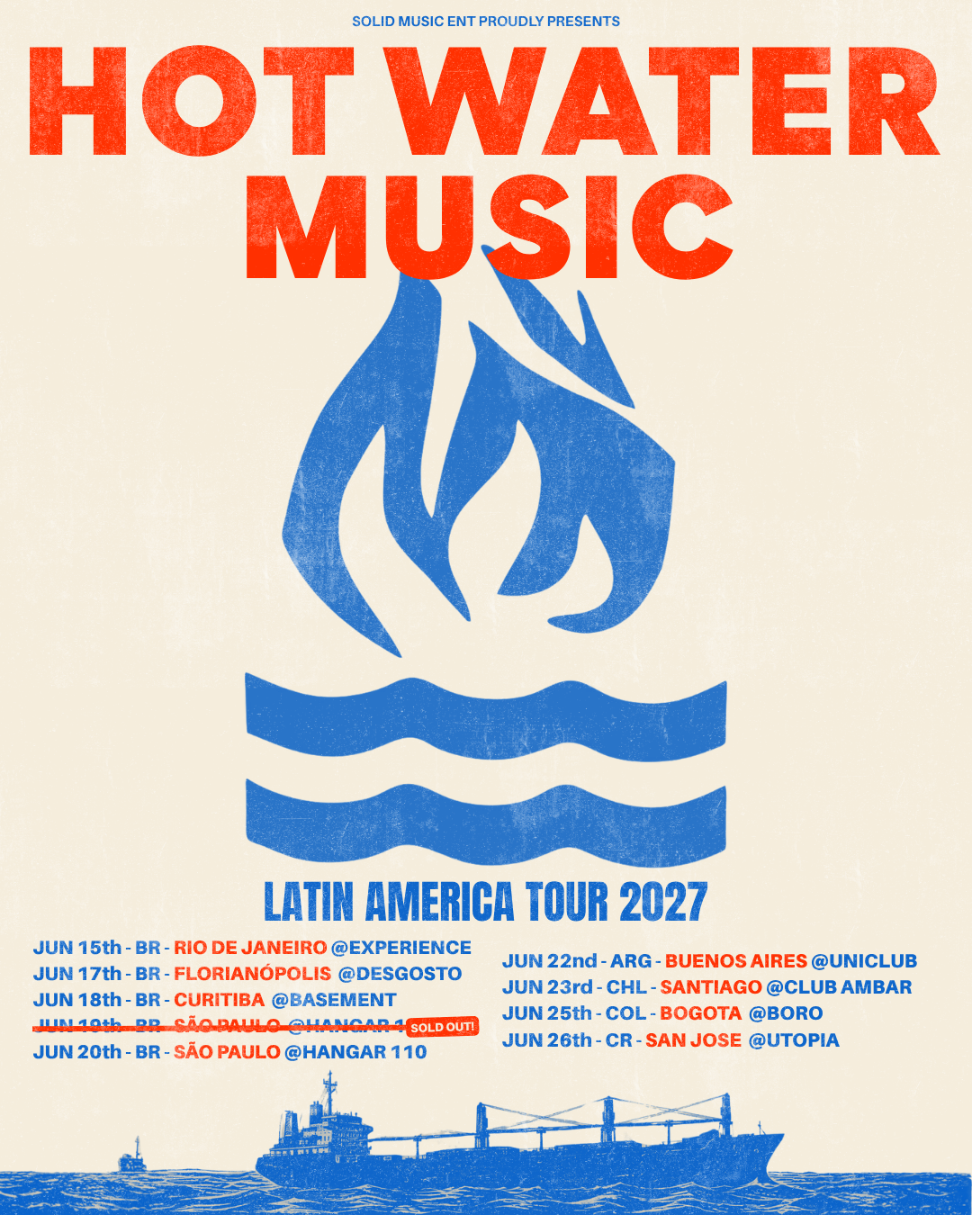Hot Water Music anuncia turnê completa no Brasil com data extra em São Paulo Com primeira noite em São Paulo totalmente esgotada, entradas para data extra no Hangar 110 e estreias no Rio, Curitiba e Florianópolis seguem à venda via 101tickets