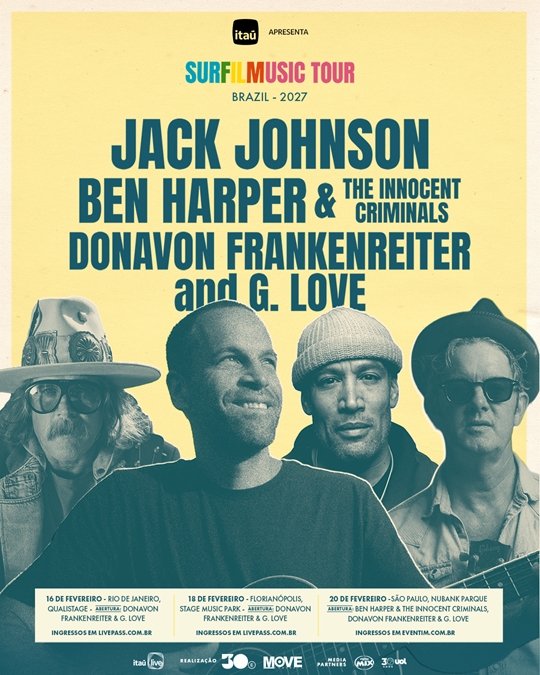 Pôster promocional da turnê SURFILMUSIC de Jack Johnson no Brasil. A arte traz uma identidade visual praiana e minimalista, destacando a fotografia do cantor com seu violão e os nomes dos convidados especiais Ben Harper, Donavon Frankenreiter e G. Love.