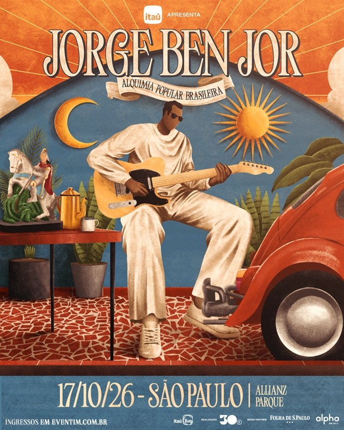 Cartaz de divulgação do show do cantor Jorge Benjor no Allianz Parque em outubro. 