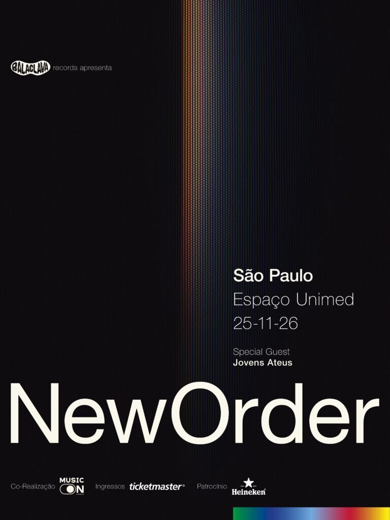 Arte promocional vertical do show com estética pós-punk em tons de azul escuro e cinza, destacando os logotipos texturizados das bandas New Order e Jovens Ateus acima das informações oficiais de data, local e venda de ingressos.