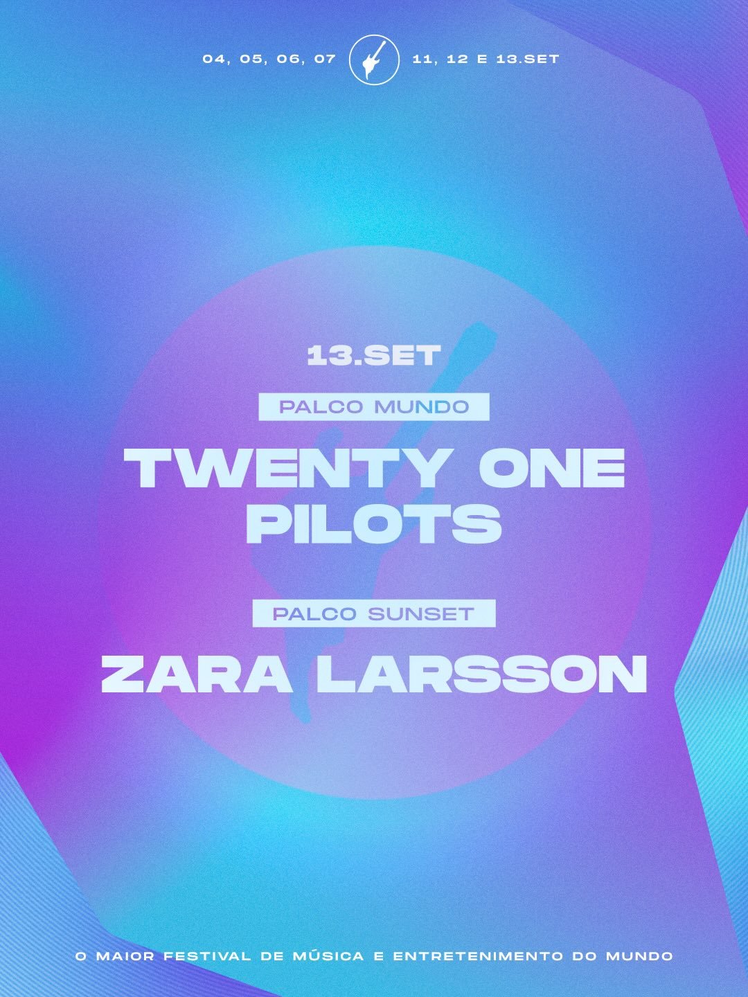 Cartaz de divulgação do último dia do Rock In Rio 2026 com os nomes de Twenty One Pilots e Zara Lars