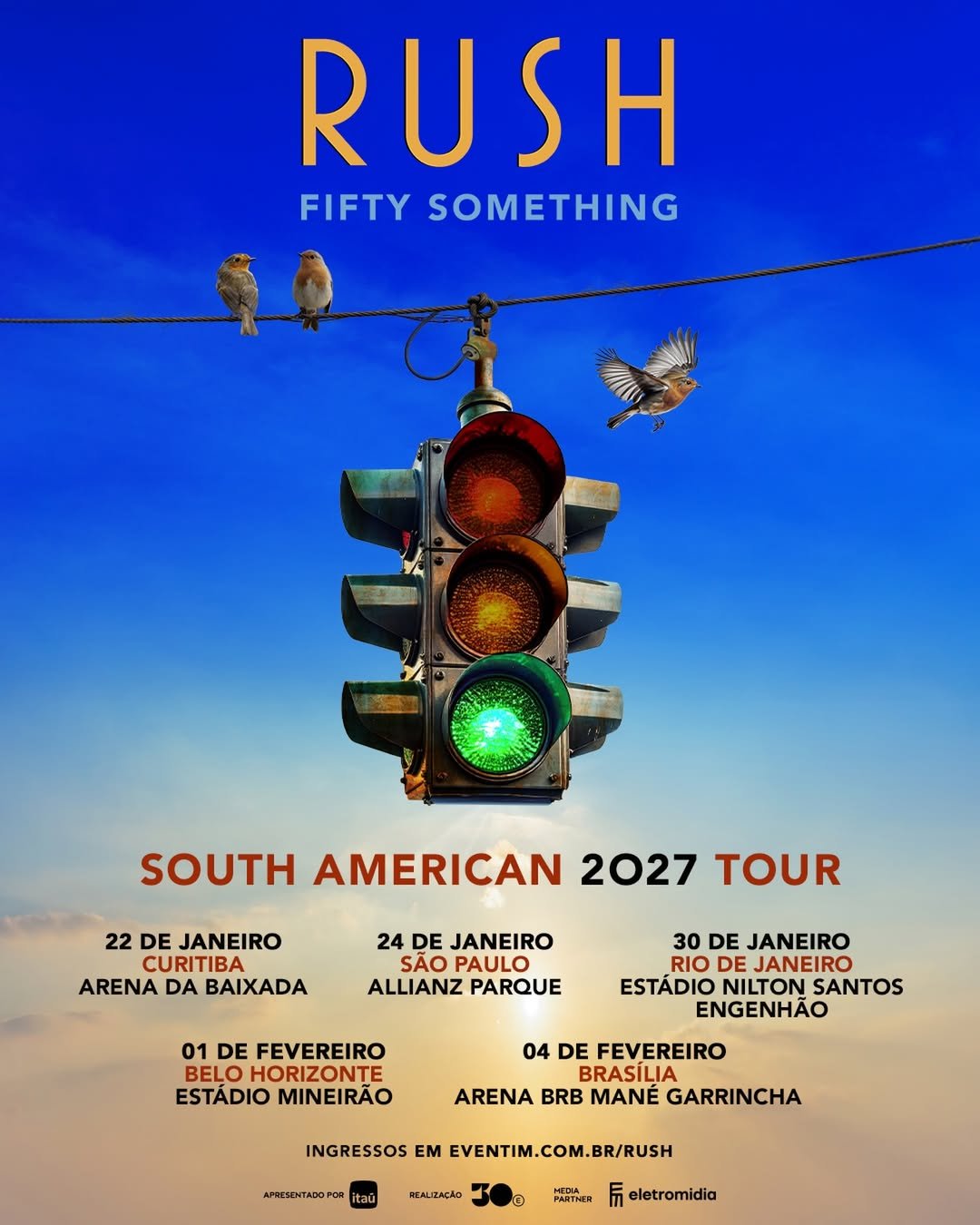 Rush anuncia turnê de 50 anos com 5 shows em estádios no Brasil em 2027 Rush anuncia datas da turnê Fifty Something em 2027 pela América do Sul