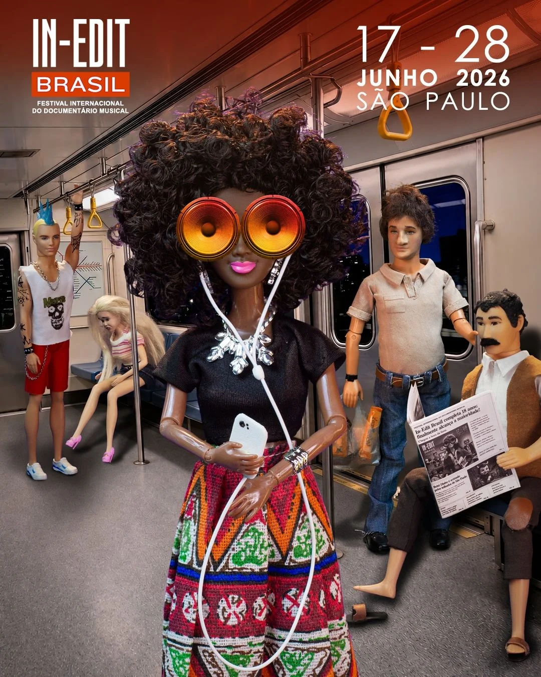 Arte de divulgação do In-Edit Brasil 2026 em arte com bonecos em local imitando o Metrô de SP