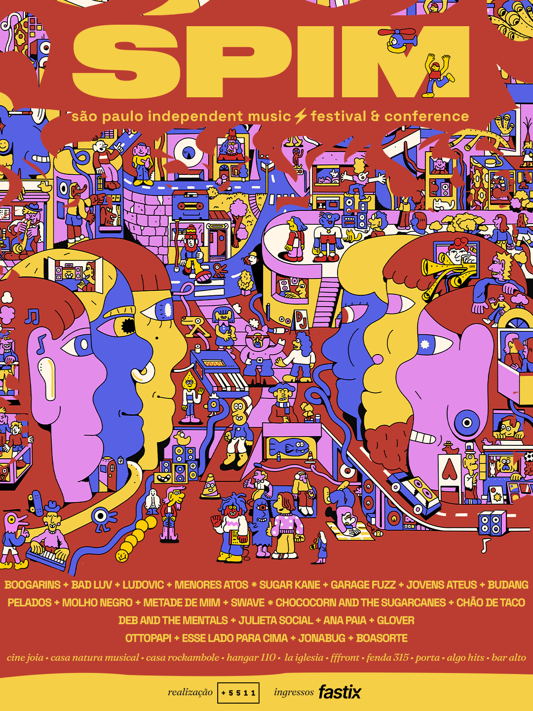 SPIM 2026 divulga programação de shows em dez casas de São Paulo Arte do poster do SPIM Festival em colorido com desenhos diversos em um fundo vermelho.