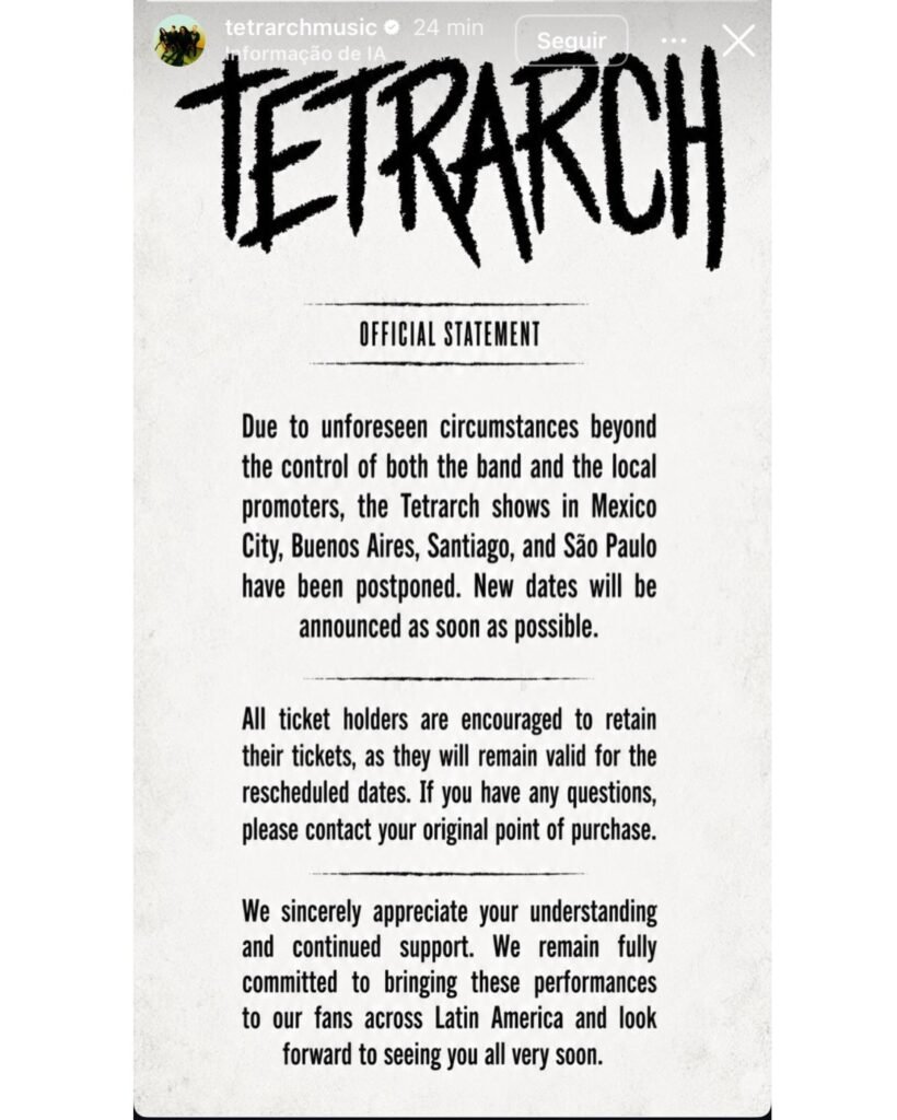 Comunicado oficial com fundo preto e a palavra "Cancelado" escrita em letras garrafais vermelhas sobre a imagem promocional da banda Tetrarch, que posa com seu visual característico de metal alternativo.