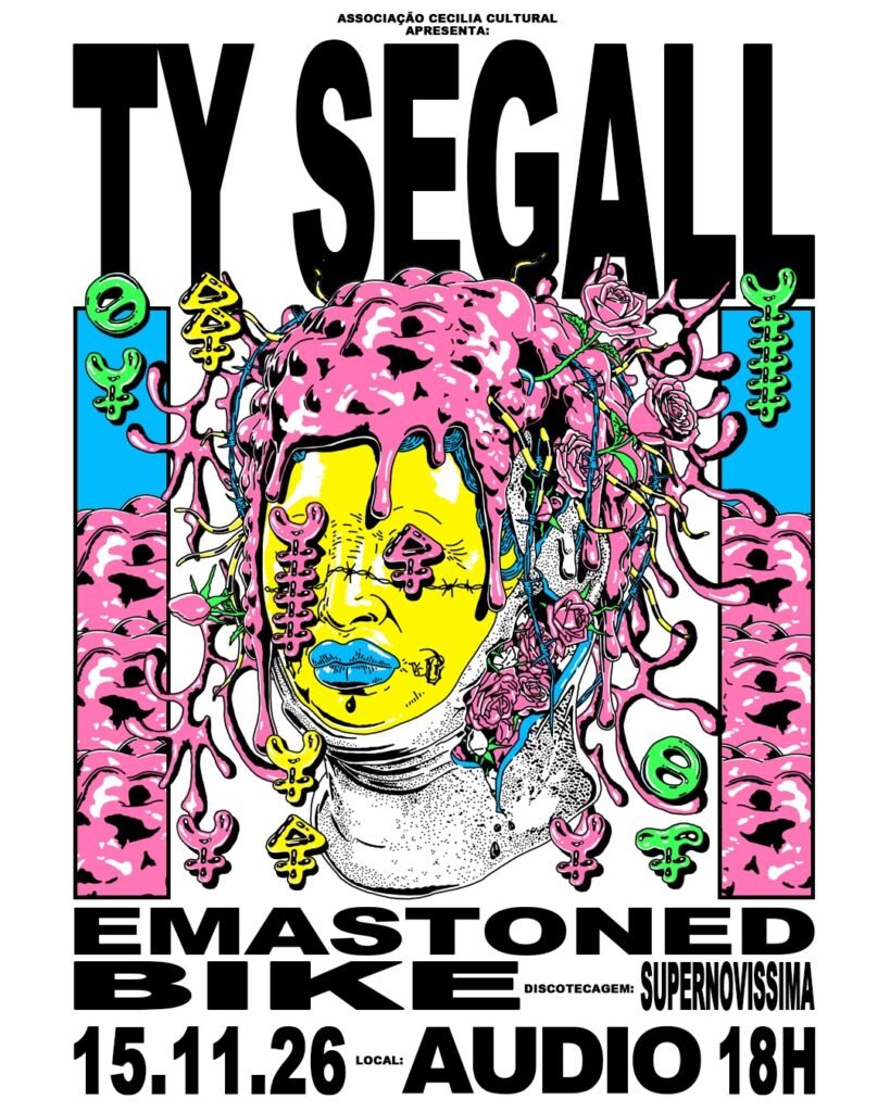  Cartaz oficial do show do Ty Segall na Audio em São Paulo, com arte assinada por @fiedler.jpeg. O design traz elementos visuais psicodélicos e cores contrastantes que refletem a estética do garage rock e do punk, destacando o nome do artista e as informações principais do evento.