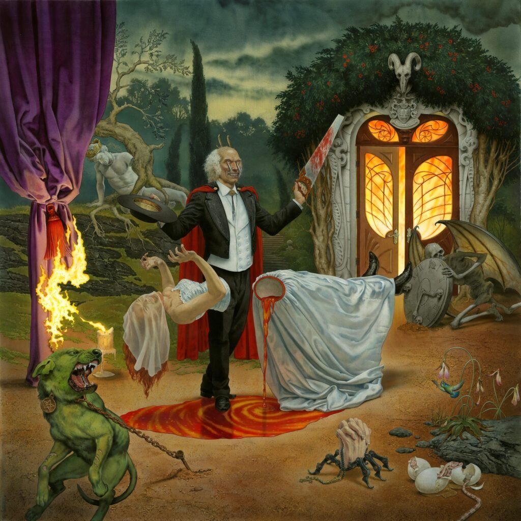 Ilustração surrealista e macabra de capa do álbum Cursum Perficio da banda Anthrax, com ambientação sombria. No centro, um mágico idoso e diabólico de terno, capa vermelha e pequenos chifres segura uma serra ensanguentada com a mão esquerda e uma cartola com a direita. À sua frente, o corpo de uma mulher de vestido branco foi serrado ao meio e flutua: a parte superior do tronco cai para trás enquanto a parte inferior derrama sangue sobre uma poça vermelha espiral no chão. Ao fundo, uma porta ornamental de madeira iluminada por fogo em seu interior é encimada por um crânio de bode. No canto esquerdo, sob uma cortina roxa, um cão verde acorrentado rosnando cospe fogo. Do lado direito, uma figura esquelética com asas de morcego ajusta um relógio de sol, e em primeiro plano há uma mão decepada em formato de aranha e ovos quebrados com uma cobra emergindo.
