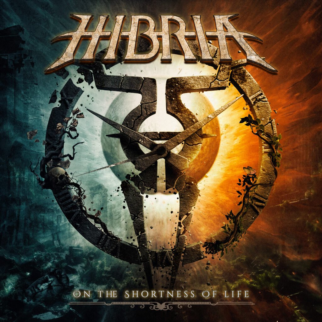 Capa do álbum da banda de heavy metal Hibria. No topo, o logotipo metálico "HIBRIA" se destaca em letras estilizadas com bordas afiadas. O centro da imagem exibe um relógio de pedra circular e rchado com ponteiros finos, dividido ao meio por dois ambientes opostos: o lado esquerdo é sombrio, em tons de azul e verde, com galhos secos, folhas caindo e um crânio; o lado direito é luminoso e quente, em tons de laranja e dourado, com plantas verdes e borboletas. Na parte inferior, lê-se o título "ON THE SHORTNESS OF LIFE" em letras brancas sobre uma linha ornamental.