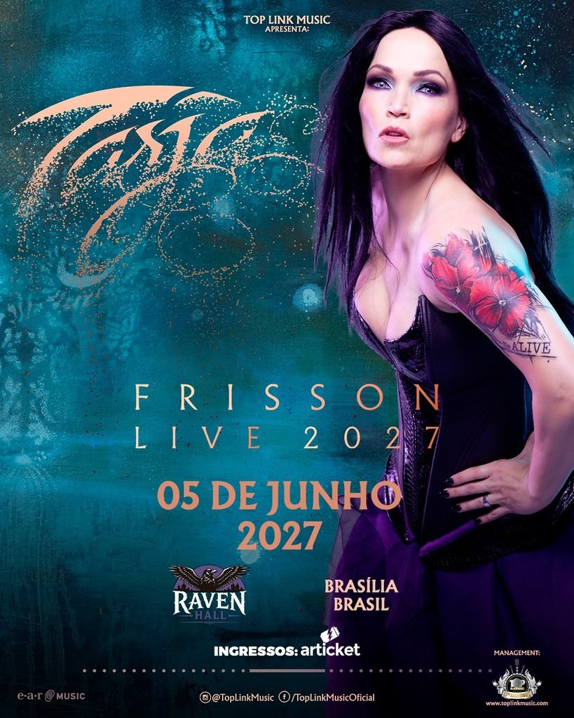 Cartaz promocional do show da cantora finlandesa Tarja Turunen para a turnê "Frisson Live 2027" em Brasília. No lado direito, a artista posa de perfil com a mão na cintura, vestindo corselet preto e saia de tule roxa, exibindo a tatuagem de flores vermelhas no braço esquerdo. O fundo possui tom azul-petróleo textured com o logotipo "Tarja" em dourado cintilante no canto superior esquerdo. No centro, destacam-se em letras douradas os textos "Frisson Live 2027" e a data "05 de junho 2027". Na parte inferior, informam-se o local "Raven Hall", a cidade "Brasília, Brasil", o site de ingressos "Articket", além de "Top Link Music apresenta" no topo e as marcas earMUSIC e Top Link Music no rodapé.