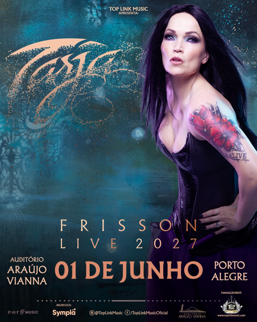 Cartaz promocional do show da cantora Tarja Turunen para a turnê "Frisson Live 2027", apresentado pela Top Link Music. À direita, a cantora posa de perfil vestindo um corselete de couro preto, com cabelos pretos longos, maquiagem marcante nos olhos e uma tatuagem de flor vermelha no braço esquerdo. O fundo apresenta uma textura mística em tons de azul e verde-água, com o logotipo estilizado "Tarja" em dourado no canto superior esquerdo. Na parte inferior, destaca-se em letras douradas e alaranjadas a data do evento: 01 de junho, no Auditório Araújo Vianna, em Porto Alegre, com vendas pelo Sympla.