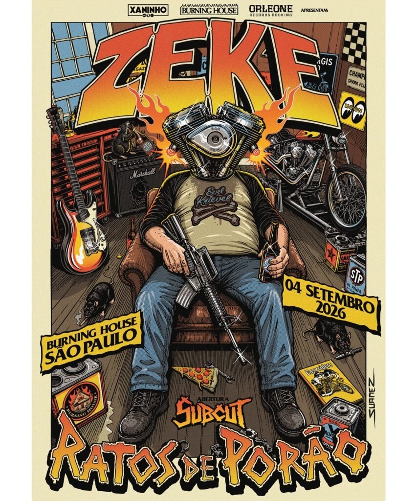 Cartaz ilustrado do show do Zeke e Ratos de Porão em São Paulo (04/09/2026, Burning House, abertura do Subcut). No centro, um homem com um motor em chamas no lugar da cabeça segura um fuzil e cerveja em uma oficina com ratos, instrumentos e uma moto.