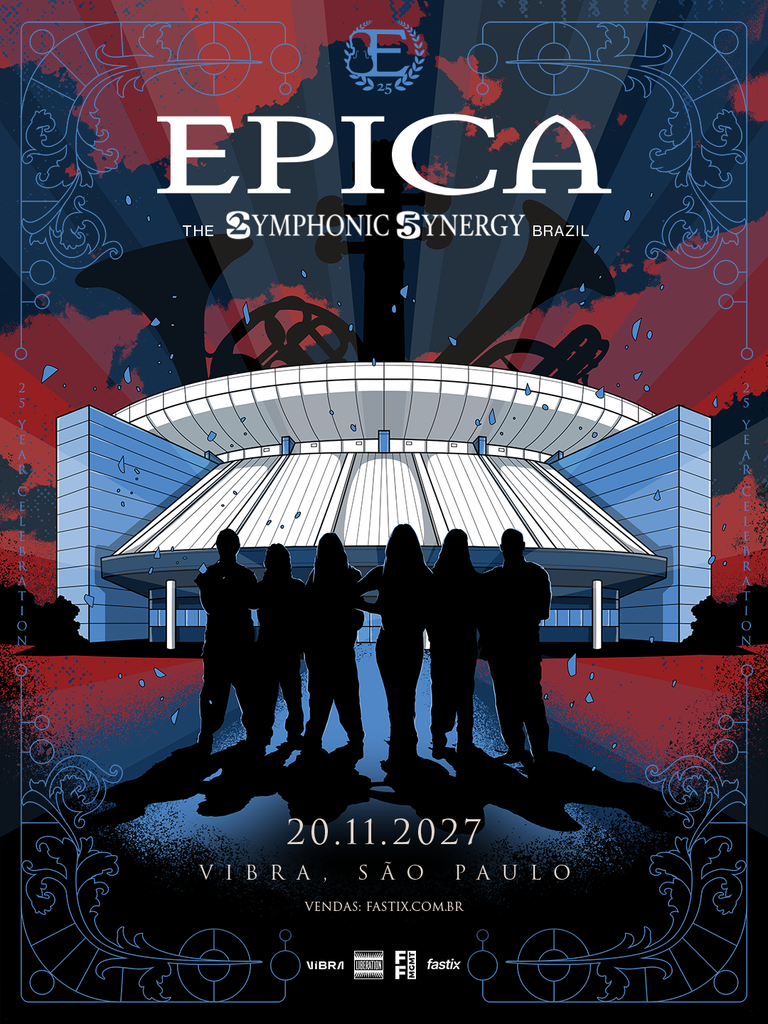 Cartaz promocional ilustrado em bloco único, com moldura ornamental barroca e paleta de cores em tons de azul, vermelho e preto, para o show da banda Epica. No topo, destaca-se o logotipo em letras serifadas brancas acompanhado do título "THE SYMPHONIC SYNERGY BRAZIL" e de um brasão de 25 anos. O centro da arte exibe as silhuetas escuras dos seis integrantes do grupo em primeiro plano, posicionados em frente a uma ilustração do local do evento sob um céu estilizado com detritos em suspensão. Nas margens laterais, lê-se o texto vertical "25 YEARS CELEBRATION". Na parte inferior, constam a data "20.11.2027", a localização "VIBRA, SÃO PAULO", a indicação "VENDAS: FASTIX.COM.BR" e os logotipos da Vibra, Liberation MCMT e Fastix.