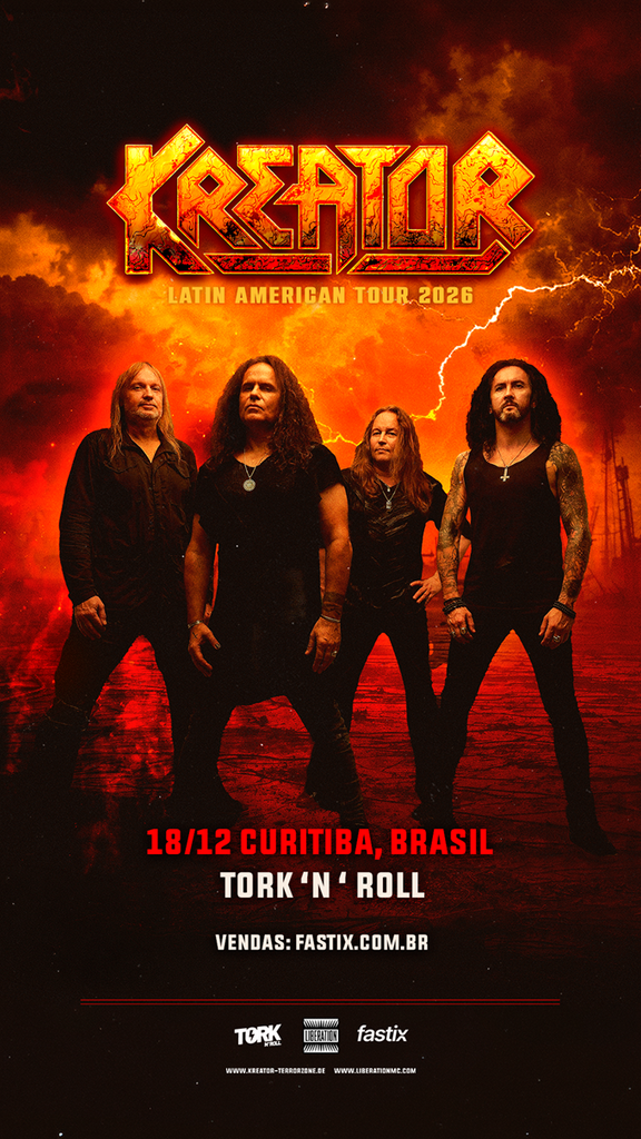 Cartaz de divulgação do show da banda alemã de thrash metal Kreator em Curitiba. A arte traz os quatro integrantes posando em um cenário de fogo e raios, com o logotipo da banda em destaque e as informações da 'Latin American Tour 2026', marcada para 18 de dezembro no Tork 'N' Roll.