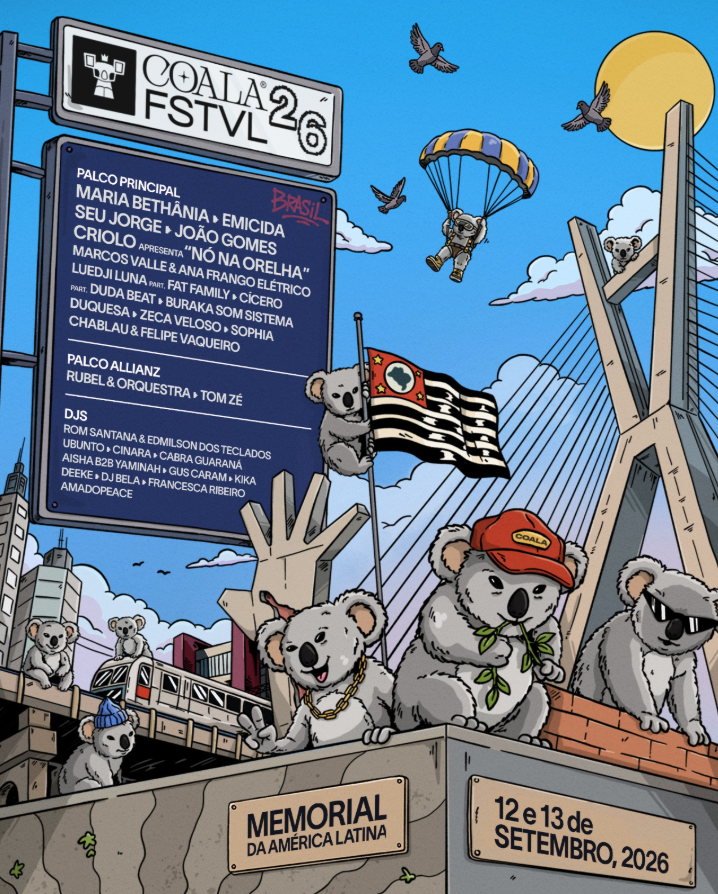 Cartaz ilustrado do Festival Coala 2026, que acontece no Memorial da América Latina, em São Paulo, nos dias 12 e 13 de setembro. A arte em estilo quadrinhos traz coalas espalhados pelo cenário urbano, além do line-up com Seu Jorge, Maria Bethânia, Criolo, João Gomes e diversos outros artistas.