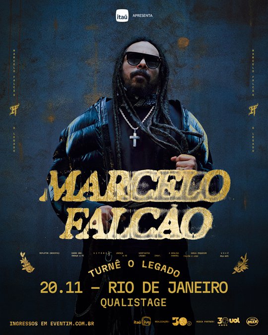 Pôster oficial do show de Marcelo Falcão na 'Turnê O Legado', marcado para 20 de novembro no Qualistage, Rio de Janeiro, com venda de ingressos pelo Eventim."